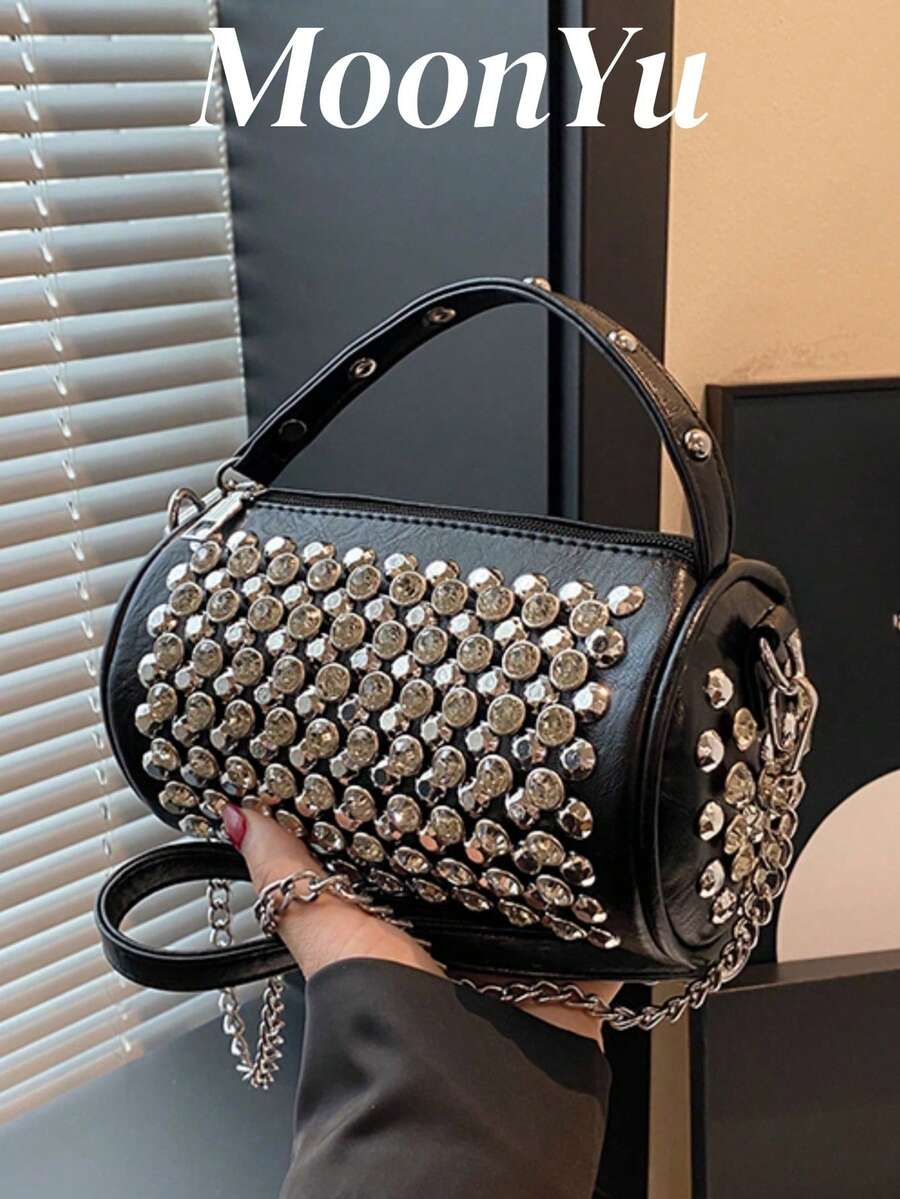 女士水桶包，时尚闪亮水钻点缀优雅浪漫迷人派对手提包，单肩/斜挎包黑色 - 黑色 - 查看 1