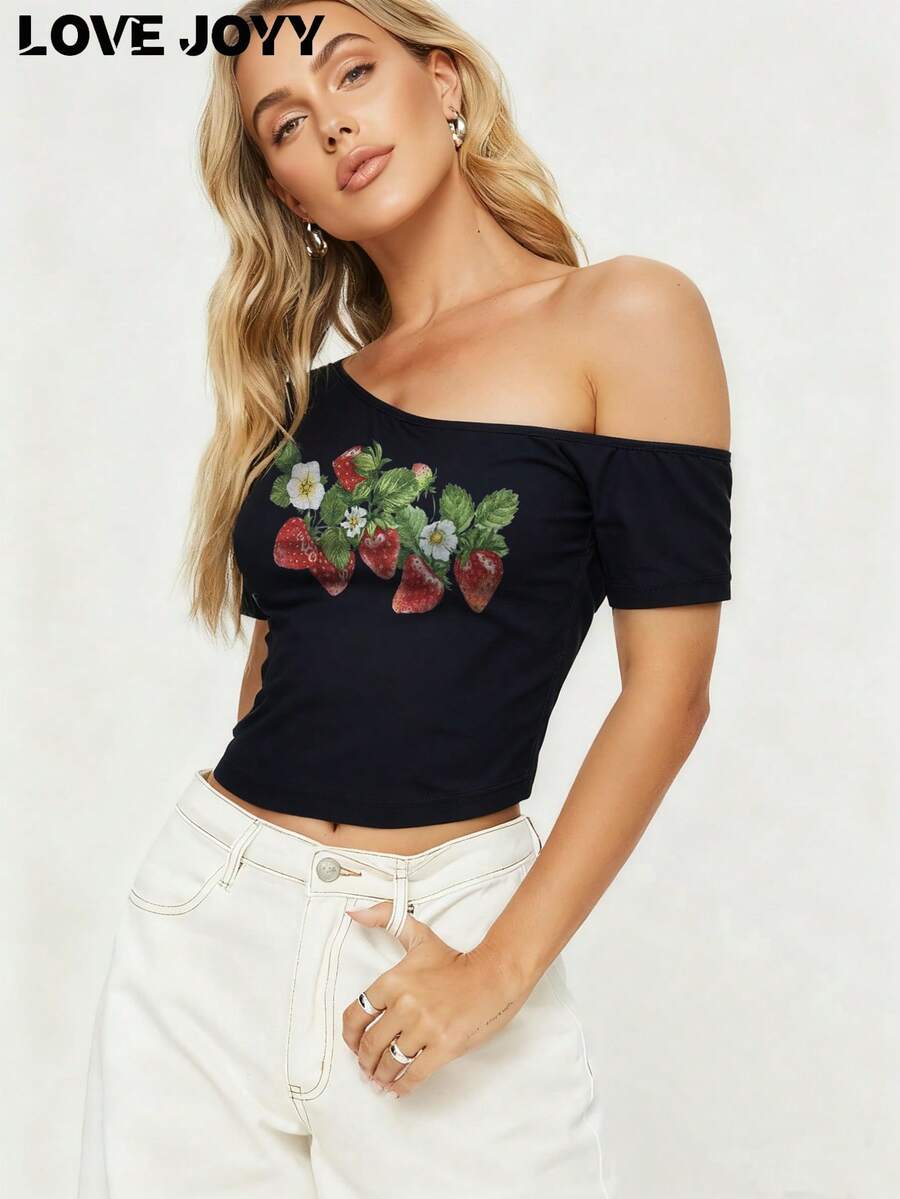 LOVE JOYY Women's Summer Off-Shoulder Sweet Strawberry Pattern Music Festival Club Outfit T-Shirt