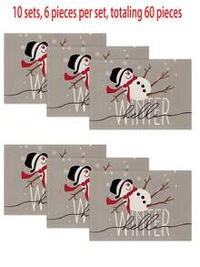 1 pièce/4 pièces/6 pièces/60 pièces Sets de table en lin bonhomme de neige de Noël, sets de table d'hiver de Noël, Joyeux Noël, convient pour la maison, le restaurant, la décoration de table à manger, articles ménagers