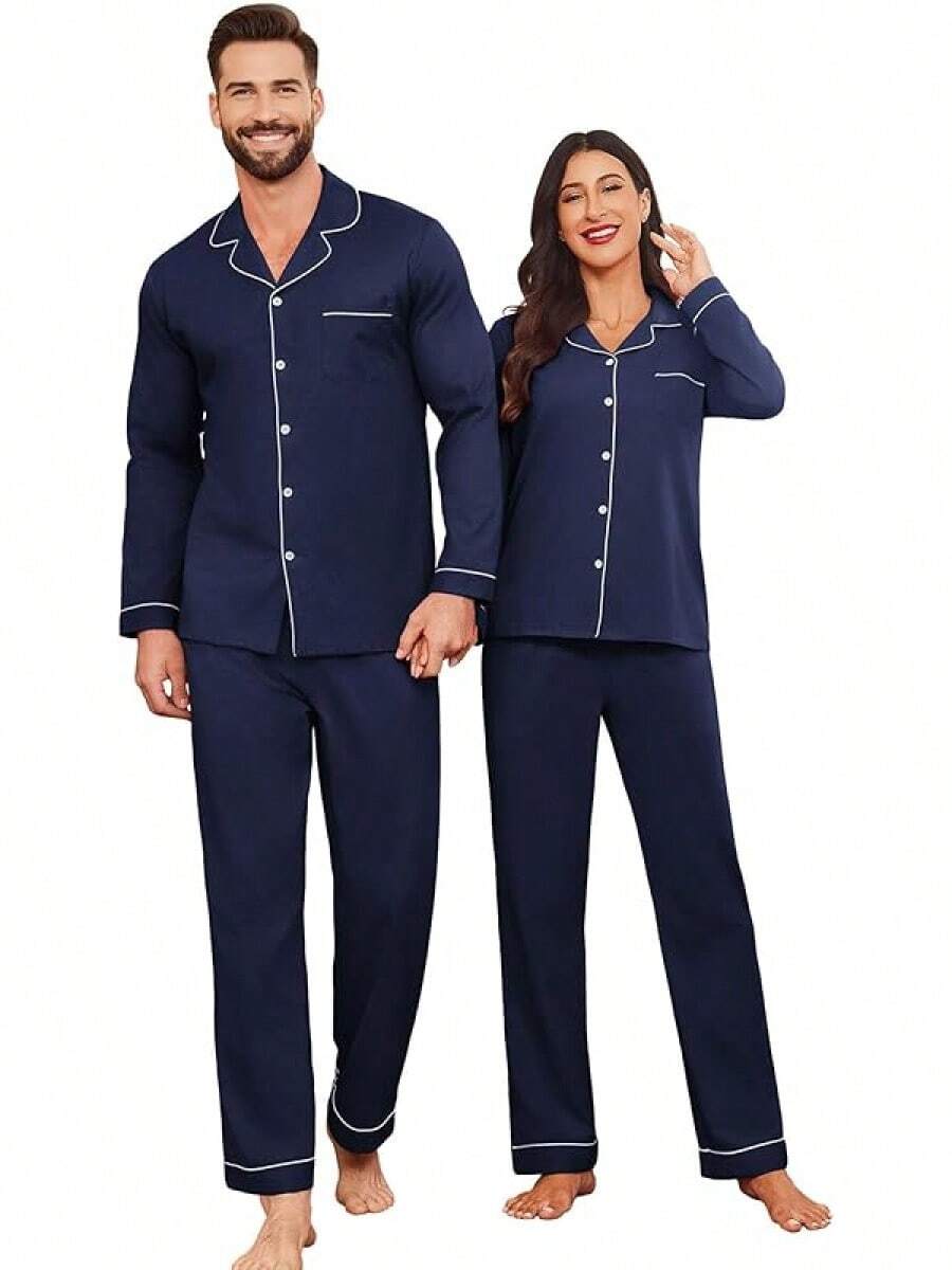 Couple Matching Pajamas 100% Cotton Long Sleeve Sleepwear Button Down Loungewear Pjs Set S-XXLhalloween - 海軍 - 查看 1