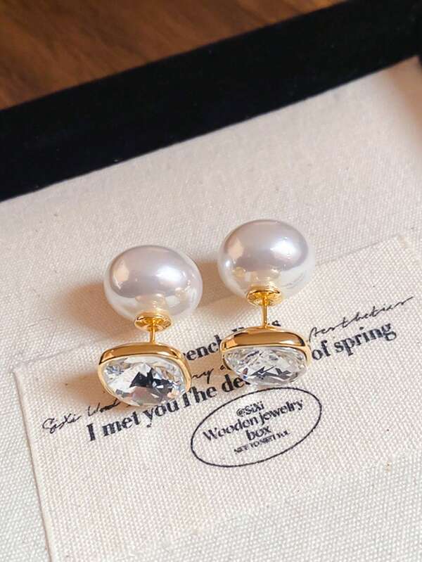 1 Paar Front- & Rückseiten Ohrstecker mit Strass und Kunstperle, elegant & vielseitig für Frauen