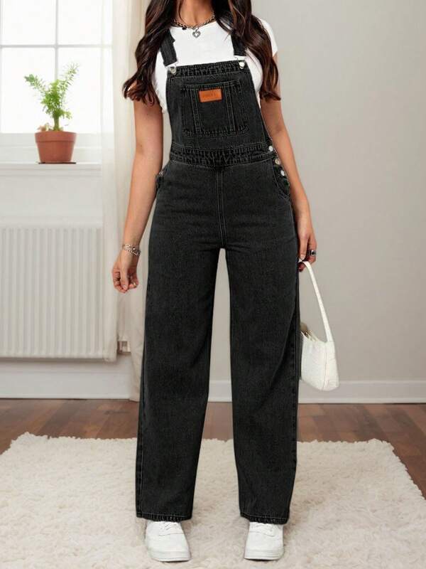 Pantalones overoles vaqueros con tirantes negros rectos para mujer, jeans sueltos de mezclilla, diseño con bolsillos delanteros, estilo chévere