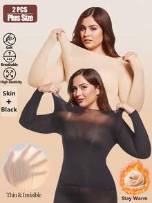 2pcs/Set Plus Size Women Seamless Black Ultra Thin Warm Long Sleeve Round Neck No-Trace Base Layer Top Slim Fit High Elasticity Autumn/Winter - Multicolor - View 1