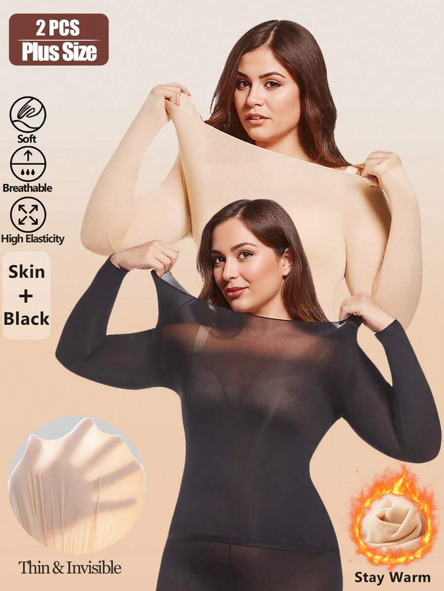 2pcs/Set Plus Size Women Seamless Black Ultra Thin Warm Long Sleeve Round Neck No-Trace Base Layer Top Slim Fit High Elasticity Autumn/Winter - Multicolor - View 1