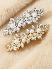 2 件时尚简约菱形水晶锌合金珍珠和水钻发夹，新娘婚礼派对头饰 - 彩色 - 查看 6