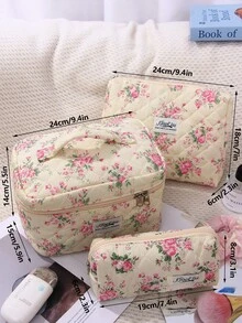 1个米色底粉色花卉图案多功能可爱返校/万圣节大容量化妆包，时尚休闲大容量拉链化妆包，旅行文具收纳包，必备度假化妆包 - 粉色 - 查看 10