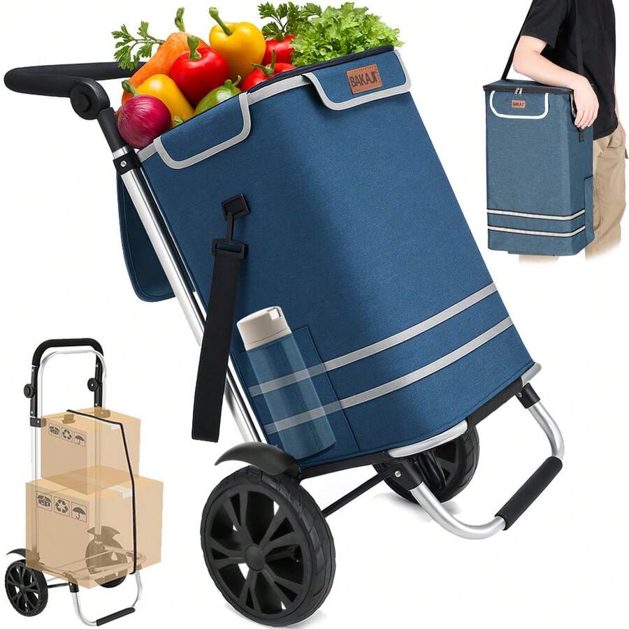 Bakaji Carrello Spesa 3 in 1 Pieghevole per Trasporto con Capacità di 56 Litri, Carrellino a Mano Portaspesa Carico Massimo 50 kg con Manico Ergonomico, Ruote e Tracolla, Trolley Salvaspazio - Blu - Visualizzare 1