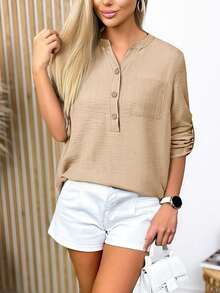 New Arrivals In Autumn And Spring. Khaki Cotton And Linen Blend Half-Open Collar Shirt. Adjustable Roll-Sleeve Design. Three-Quarter Sleeve Top. Loose Pocket On One Side, Slimming And Lazy Style Shirt. Code-Friendly, Comfortable And Skin-Friendly. Versatile Fashionable Women's Clothing For Daily/Commuting/Vacation Multi-Scenarios.