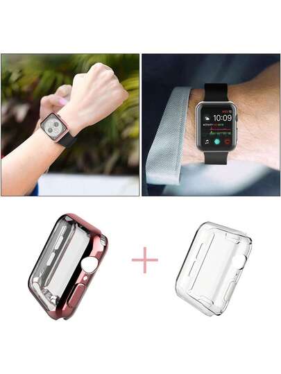 2片/套 男女通用 TPU 全覆盖超薄高清屏幕保护膜，防刮时尚休闲保护壳，适用于 38/40/41/42/44/45/46/49mm，适用于 Series Ultra/SE/11/10/9/8/7/6/5/4/3/2/1，透明+粉色