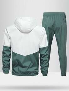 2 pezzi Set sportivo da uomo con colori a contrasto, giacca con cappuccio e coulisse, pantaloni in vita elastica, adatto per attività all'aperto come campeggio, pesca, ciclismo, primavera/autunno