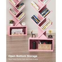 6 Tier Tree Bookshelf, Narrow Bookcase Tower, Tall Floor Standing Book Organizer With Storage Cabinet For Living Room, Bedroom And Home Office - 粉色 - 查看 6