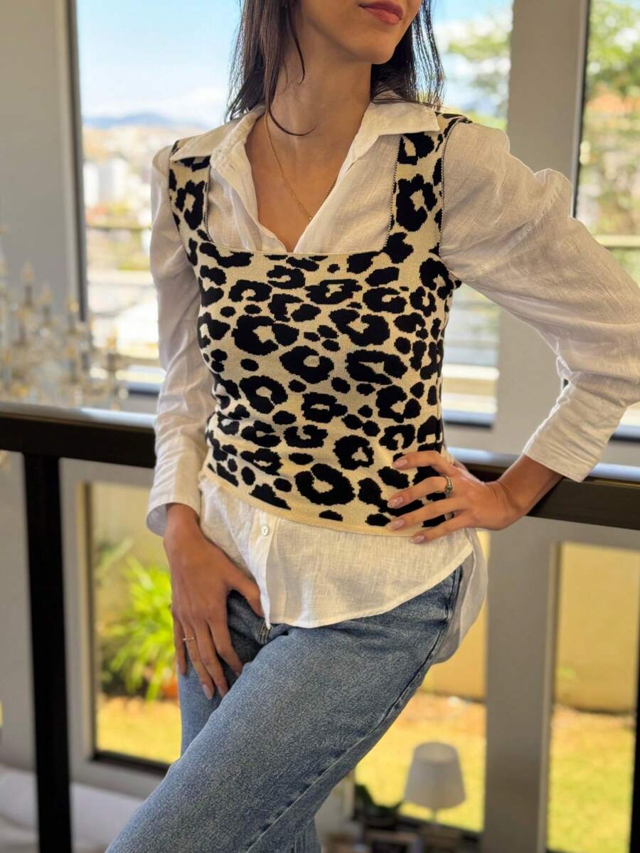 PLAIN SQUARE TANK TOP SUMMER KNITTED MODAL NEW COLLECTION - Sand Jaguar With Black - View 1