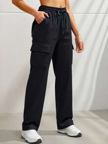 LA PRINCESA Pantalones cargo de paracaídas para muje , elásticos, cintura alta, con cordón, Y2K, casual, sueltos, estéticos, para la calle bolsillos laterales pantalones casuales con cordón Pantalones Cargo de Mujer Versátiles para Citas - Negro - Ver 3