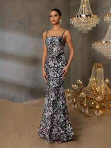 Elegant Formal Evening Gown With Thin Straps & Mermaid Tail Hem - Women's Banquet Dress, Black-Tie Event Gala Dress, Red Carpet Reception Gown, Wedding Guest Dress, Wedding Prom Dress - Black - View 5