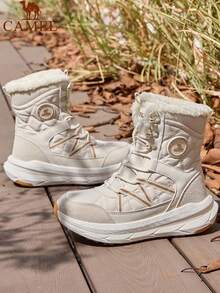 CAMEL CROWN 女士休闲鞋秋冬新款舒适防滑靴时尚百搭徒步加绒雪地靴 - 米白色 - 查看 3