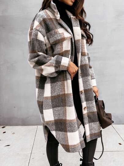 Women's Long Plaid Shacket With Button Details And Pockets, Comfortable Woven Fabric