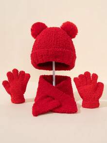 3pcs Beige Pom Pom Knitted Hat, Scarf And Gloves Set, Warm Knitwear Suit For Kids