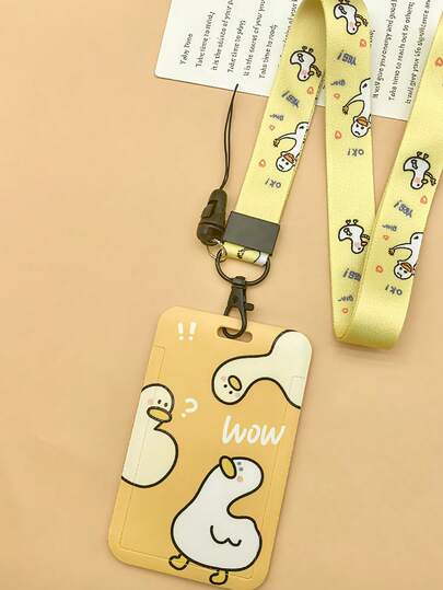 Lindo y exquisito soporte de tarjeta con colgante de pato amarillo, soporte deslizante de tarjeta, soporte de tarjeta de estudiante universitario, soporte de tarjeta de identificación laboral, tarjeta bancaria, tarjeta de autobús, soporte de tarjeta con correa de mano de plástico ABS, de vuelta a la escuela, billetera y portacartas unisex adecuado para uso diario