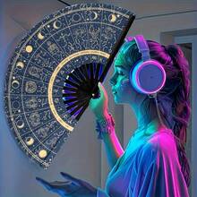 13-Inch Large Folding Fan With 12 Constellations & Bohemian Golden Design - Astrological Signs Designs For Festival Outfits, Cosmic Events - Perfect Accessory For Astrology. Portable Manual Party Fan For Women,  Celestial Accessory For Nightclubs, EDM Festivals, Glam Celebrations, Nightclub Essentials, Elegant Pattern, Premium Finish - 12 - 查看 2