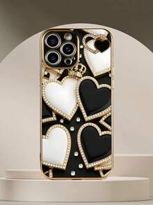 1pc Black TPU Electroplated Heart Pattern Shockproof Phone Case & 1pc Black Electroplated Rhinestone Heart Matching Phone Case, Interesting Phone Case