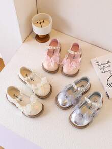 New Girls' Leather Shoes With Pearl Bow Design, Soft Sole Non-Slip Children Flat Shoes, Minimalist Versatile Casual Everyday Wear - Beige - View 4