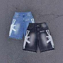 2025 Summer And Autumn Retro Washed Hip-Hop Letter Printing Men's And Women's Five-Point Pants Casual Loose Denim Shorts - 黑色 - 查看 3