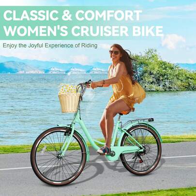 24 / 26 Inch 7 Speed Commute Bike For Adults, 7-Speed Ladies Bike With Basket & Rack, Perfect For City Commuting's Bicycle, Ideal For Women And Adults