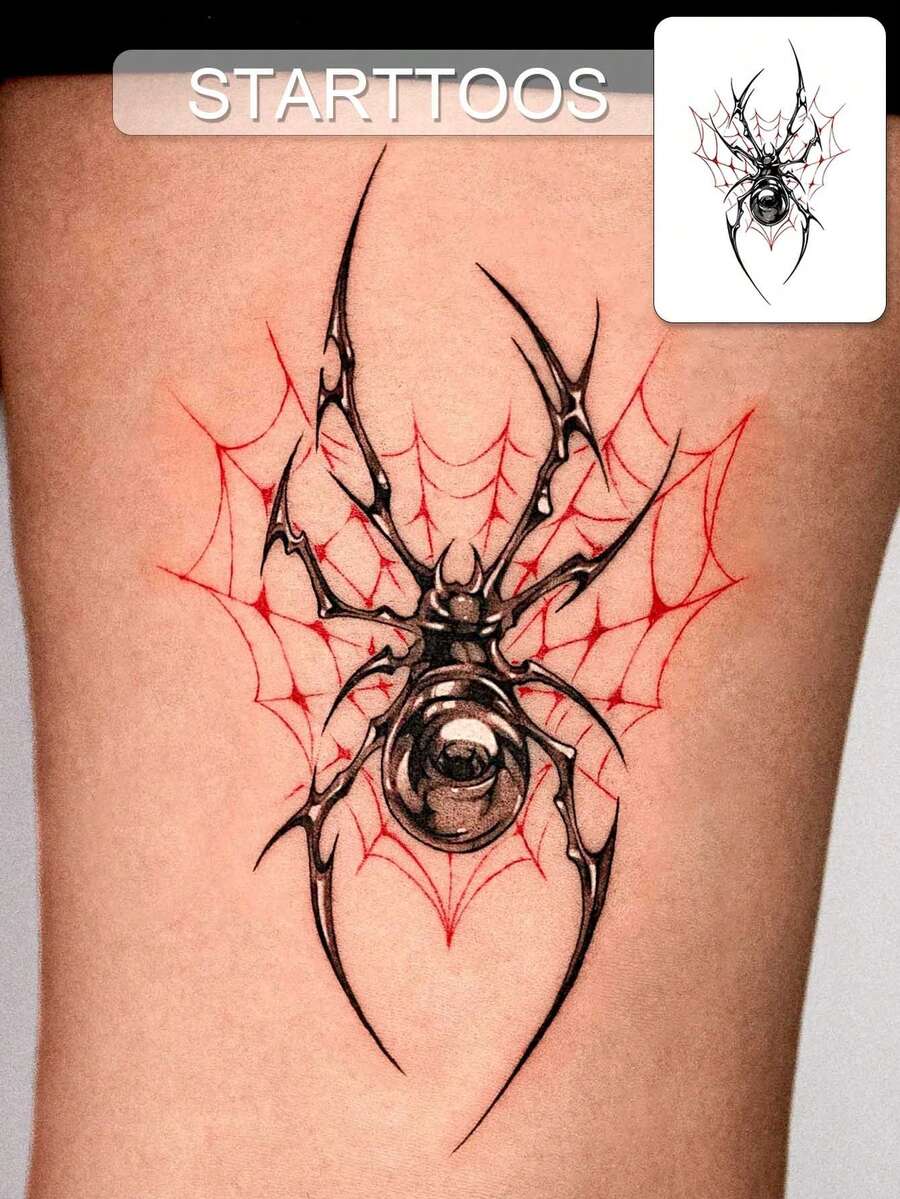 STARTTOOS 1pc Liquid Metal Cyberpunk Y2K Silver Spider Pattern Temporary Tattoo Sticker For Arm, Ankle And Body Skin - Multicolor - View 1