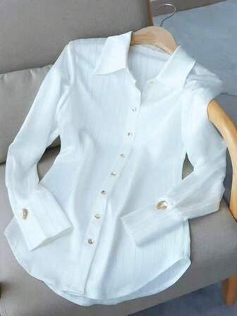 Women's Elegant Satin Texture White Striped Shirt, Versatile Commuter Distinctive Design Top, Satin Fabric Skin-Friendly Soft And Smooth, Solid Color Non-See-Through Fabric, Suitable For Office, Business Or Everyday Occasions, Perfect For All Seasons