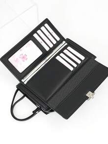 MINGYOU 荔枝纹软皮手提包及多功能钱包，女士钱包，长款钱包，腕包 - 黑色 - 查看 2