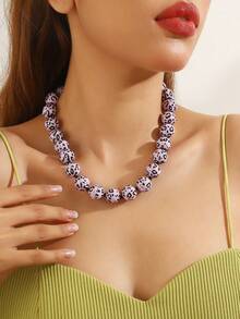 1 pieza Collar tejido a mano con cuentas, estilo bohemio, con diseño geométrico redondo de resina con estampado de lunares y leopardo, para regalo y uso diario