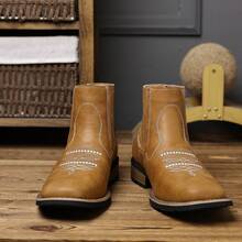 Men's Westem Fabric Chelsea Boots With Square Toe AndBare Fabric Boots,Casual Vintage Fashion Brown Boots