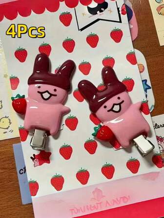 4个草莓巧克力兔子发夹，可爱卡通设计，耐用塑料材质，造型固定装饰发夹，垂坠式发际线夹，侧鸭嘴夹，女士发饰，最佳万圣节/圣诞节礼物（送给朋友和老师），爪夹，发夹，发卡