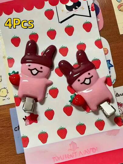 4pcs Strawberry Chocolate Rabbit Hair Clip Cute Cartoon Design Durable Plastic Hair Accessory Styling Fixed Decorative Hair Clip Dropped Hair Edge Clip, Side Duck Billed Clip Hair Clip Accessories Women's Hair Accessories, Best Halloween/Christmas Gift For Friends And Teachers, Claw Clips, Hair Slide, Hair Barrettes