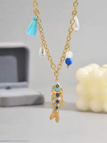1pc 18K Gold Plated Minimalist Colorful Enamel Small Fish Pendant Stainless Steel Necklace, Suitable For Women's Daily Wear And Gift