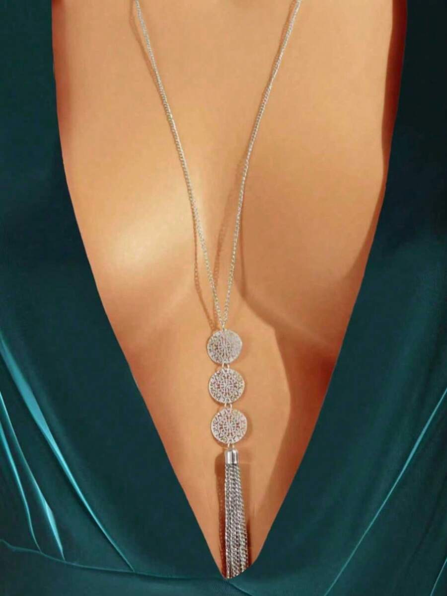 1 件波西米亚风格长链圆形吊坠流苏项链，适合夜总会派对的女士珠宝 - 銀色 - 查看 1