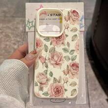 1pc Vintage Art Style Soft Pink Rose Floral TPU Phone Case Compatible With IPhone// - White - View 2
