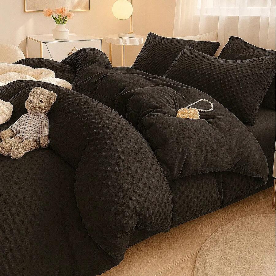 Fitizzio Plüsch-Winterbettwäsche Minky – 3D-Punkte-Teddybär – Weiches, gemütliches Bettwäscheset, 3-teilig, 160x200 cm - Schwarz - Übersicht 1