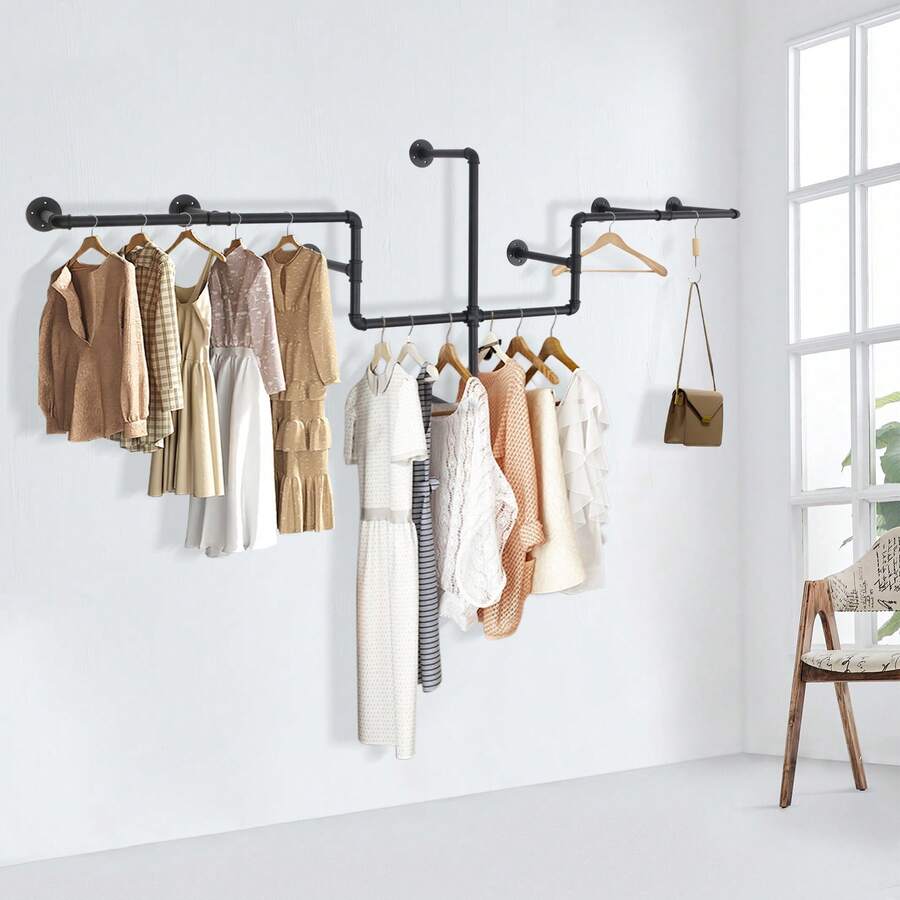 Wall Mounted Industrial Pipe Clothing Rack, Black Garment Hanging Bar 66 Lbs, Iron Commercial Clothes Hanger, Open Garment Display Rack For Stores And Home, Heavy Duty Iron Garment Bar, Clothes Hanging Rod Bar For Laundry Room - màu đen - Xem 1