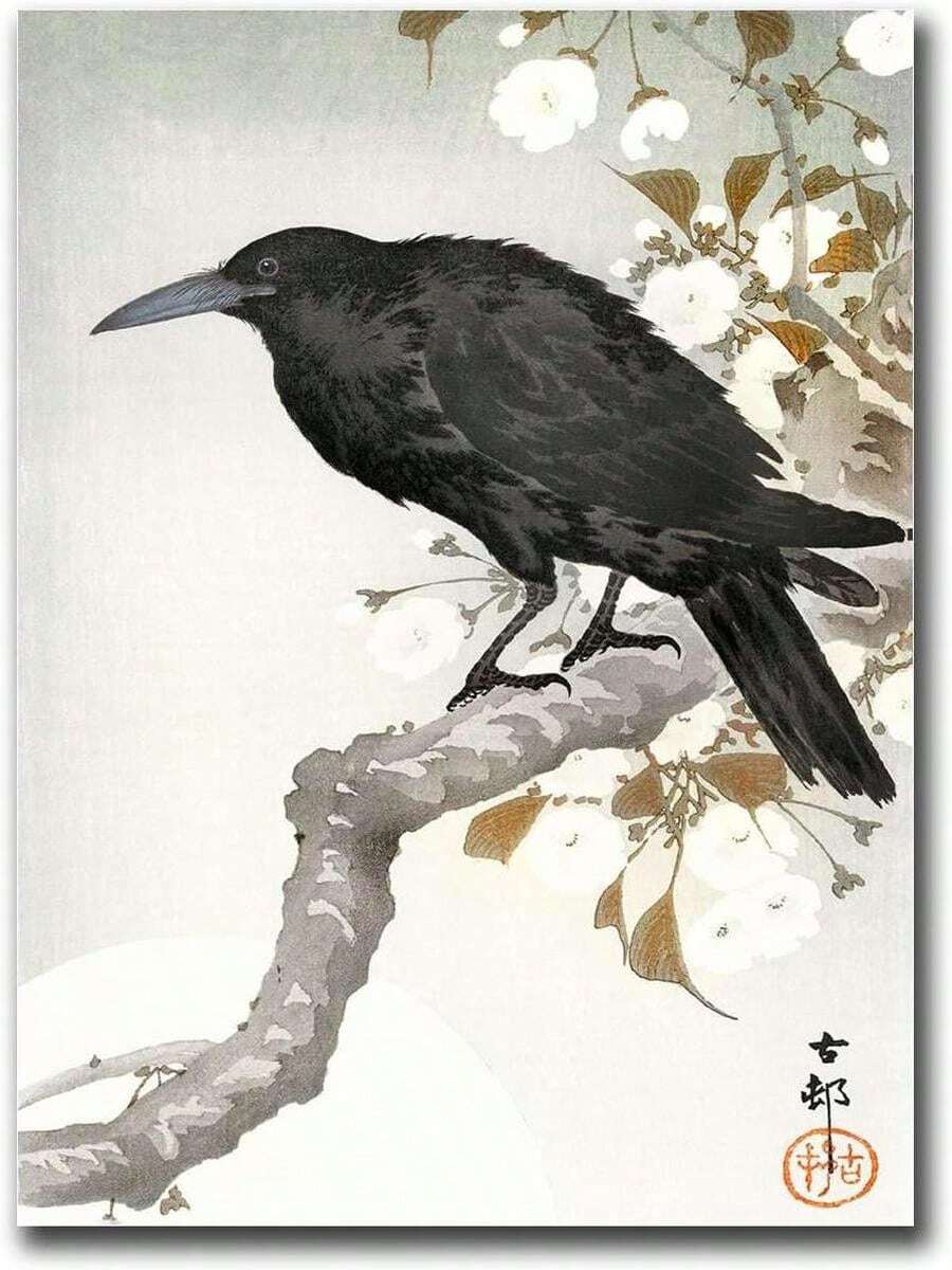 1pc Framed 30*40cm(12*16inch) SFLUCART Poster Decorative Canvas Painting A Crow And The Full Moon Poster Bedroom And Kitchen Office Wall Decoration  Wood