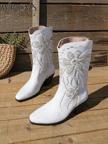 WRCVS White Handmade Beaded Retro Mid-Calf Boots, Women's Classic Pointed Toe Slip-On Western Cowboy Boots, Solid Color Pointed Toe Chunky Heel Outdoor Boots, Suede Fabric Fashion Boots With Chunky Stable Heel, Embroidery Detailed - White - View 14