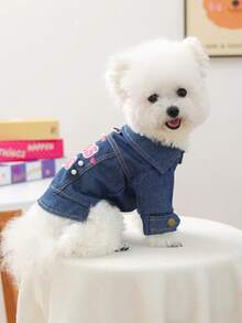 PETCIRCLE 1件寵物衣服小狗幼犬戶外防風可愛寵物項圈附牽繩扣刺繡圖案甜心Bobo外套 - 藍色 - 查看 3