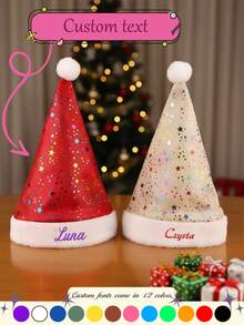 1 pieza, Gorro de Navidad bordado personalizado, disponible en varios colores y tipos de letra, patrones de estrellas, hecho de poliéster, sorpresas navideñas, atuendos navideños, accesorios para el árbol de Navidad, decoración de escena navideña - Multicolor - Ver 2