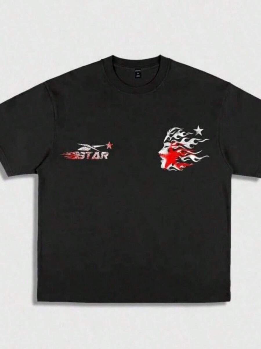 Refreshing Summer2025 New Pure Cotton T-Shirt 1PC Hells Star Print Men's Round Neck Short-Sleeved Cotton T-Shirt Casual Summer Short-Sleeved Men1 - màu đen - Xem 1