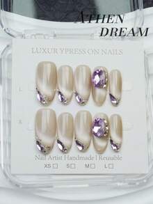 10 pezzi di unghie finte ovali realizzate a mano, unghie lunghe, eleganti unghie color champagne, unghie gatto brillanti, grandi gemme di pietra viola, unghie autunnali semplici ed eleganti di lusso, unghie finte autunnali, unghie versatili fai-da-te per feste, uso quotidiano e appuntamenti, adatte per vacanze al mare e tropicali, riutilizzabili, per donne e ragazze come regalo e forniture per unghie