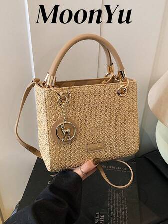 Large Capacity Women's Beach Tote Bag, Adjustable Shoulder Strap, Khaki Woven Handbag, Crossbody Shoulder Bag