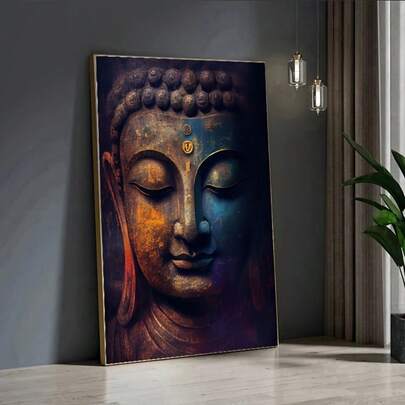 2 pezzi Quadro astratto moderno su tela raffigurante Buddha - Senza cornice, colori blu profondo, oro, arancione, rosso, nero, bianco, viola, decorazione spirituale minimalista, adatto per soggiorno, camera da letto, ufficio - Stampa artistica contemporanea di un tempio buddista, spazio di meditazione domestica, opera d'arte dettagliata e raffinata, per appassionati di meditazione