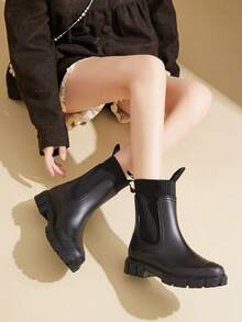 Women's Solid Color Waterproof Rain Boots, Fashionable Round Toe Boots For Wearing Outdoors, Non-Slip Rain Boots For Women And Girls - Black - View 6