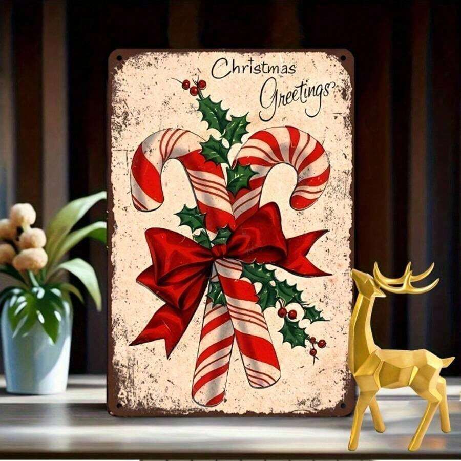 1pc Vintage Christmas Metal Wall Decor - Candy Cane, Holly Berries & Red Ribbon Bow - Heavy-Duty Metal Holiday Sign For Indoor/Outdoor - No Wiring Needed - Perfect Christmas Gift - 12x8 Inches (30x20cm) - Farmhouse, Retro, Classic Holiday Decoration, Festive Room Accent, Retro Festive Design, Weathered Finish - 彩色 - 查看 1