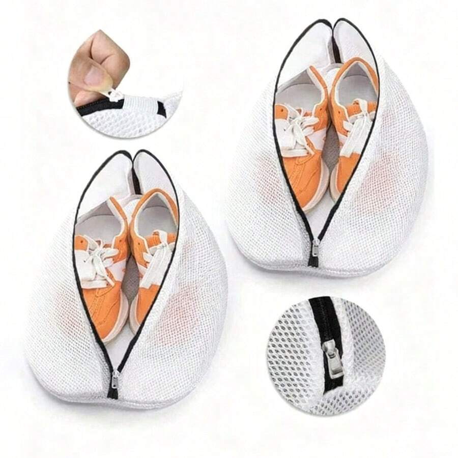 1pc White Thick Laundry Shoe Bag, Polyester Mesh Washing Bag With Zipper, Travel Shoe Storage Bag, Protective Clothing Storage Organizer Bag, Washing Machine Anti-Deformation Shoe Wash Bag